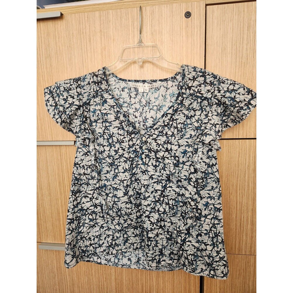 Veronica Beard Joi Batik Print Blouse Top Off-White & Blue Size 10